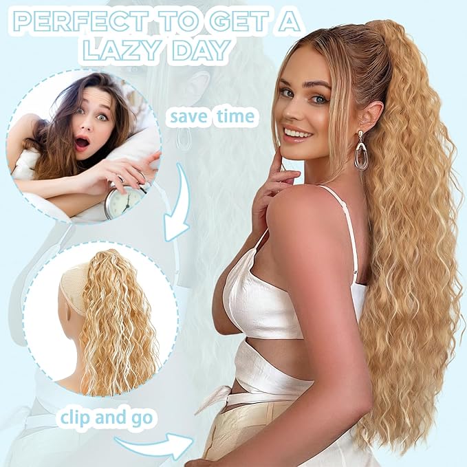 Ponytail Extension, Claw Clip on Pony tails Hair Extension for Women 18 Inch Long Wavy Curly Fake Ponytail Clip in Hair Pieces for Women Fluffy Natural Looking (Dark Chestnut with Blonde Highlights)