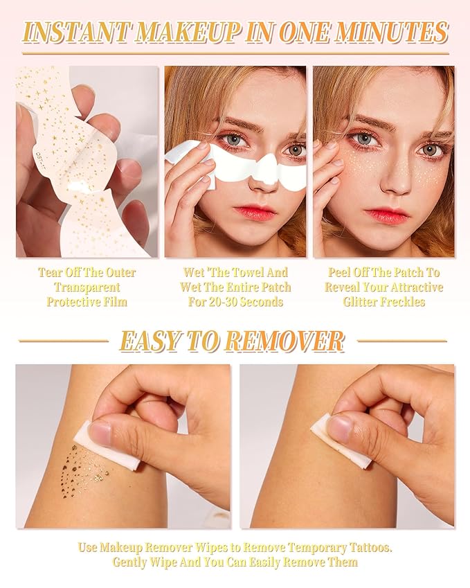 SUMEITANG Glitter Freckles Face Tattoo Patches - 12PCS Temporary Sparkle Face Stickers with 10 Remover Wipes | Waterproof Festival Rave Party Makeup Accessories for Women Girls (Gold)