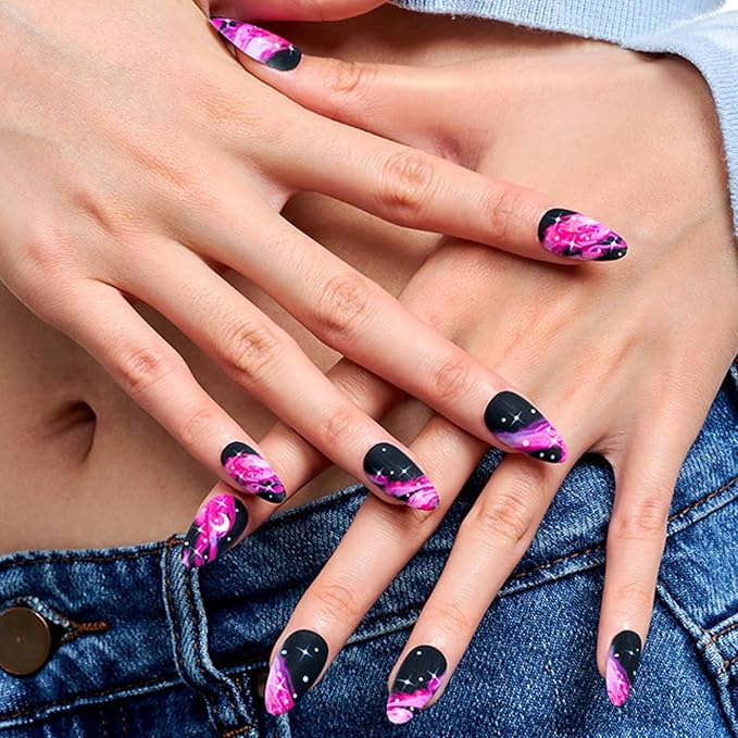 GLAMERMAID Black Press on Nails Medium Almond, Hot Pink Ombre Crush Nails, SGalaxy Star Design tiletto Fake Nails, Short Oval Stick Glue on Nails Tips for Women, Reusable Acrylic False Nail Kits