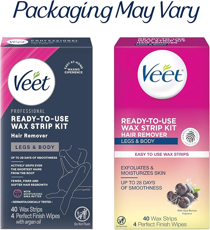 VEET Sugar Wax Strips For Women's Body Hair Removal, Bikini Hair Removal Kit, Pubic, Dermatologically Tested For Body & Intimate Areas, 40ct Wax Strips with Shea Butter & 4ct Wipes
