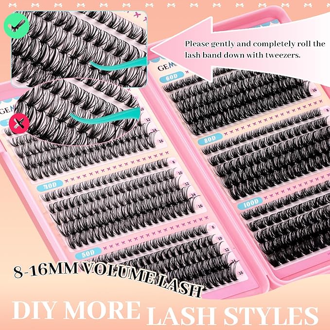 GEMERRY 565Pcs Lash Clusters D Curl Volume Eyelashes Clusters Extensions with Thin Band for DIY at home (30D+40D+50D+60D+80D+100D, 8-16mm)
