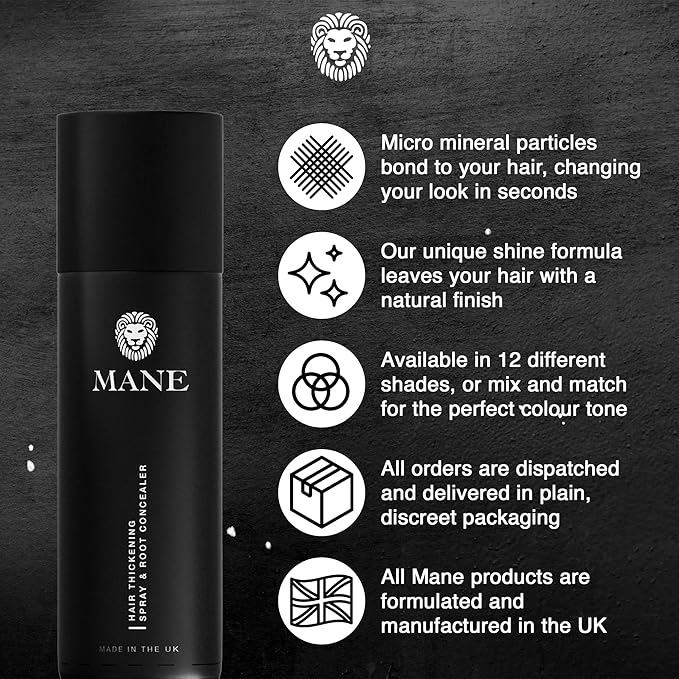 Mane Hair Thickening Spray & Root Touch Up, Instantly Thicker Hair for Men & Women, Fill in Hairlines and Hide Thinning and Fine Patches - Medium Brown, 12 Colors (6.76 oz)