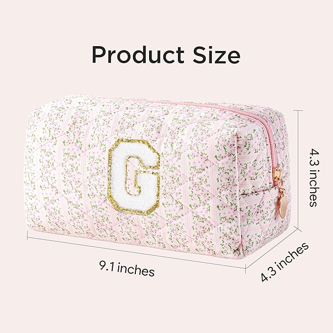 HBselect Initial Makeup Bag for Women, Pink Cosmetic Travel Toiletry Bag, Flowers Zipper Make Up Pouch Organizer Teen Girl Gifts Trendy Stuff G