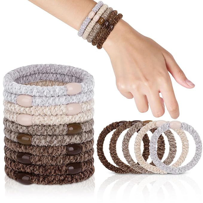 Braided Hair Ties No Damage, 10 Pcs Soft Plush Hair Bands for Women's Hair, Bracelet Hair Elastics & Ponytail Holders for Thick Hair - Brown