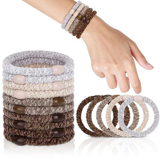 Braided Hair Ties No Damage, 10 Pcs Soft Plush Hair Bands for Women's Hair, Bracelet Hair Elastics & Ponytail Holders for Thick Hair - Brown