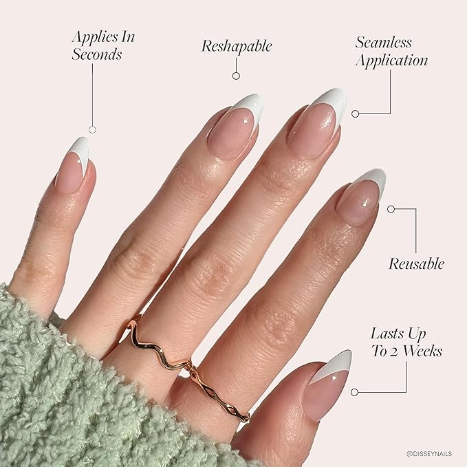Glamnetic Press On Nails - MaDamn | French Tip Nails, UV Finish Short Pointed Almond Shape, Salon Quality Semi-Transparent Nails in 12 Sizes - 24 Nail Kit with Glue