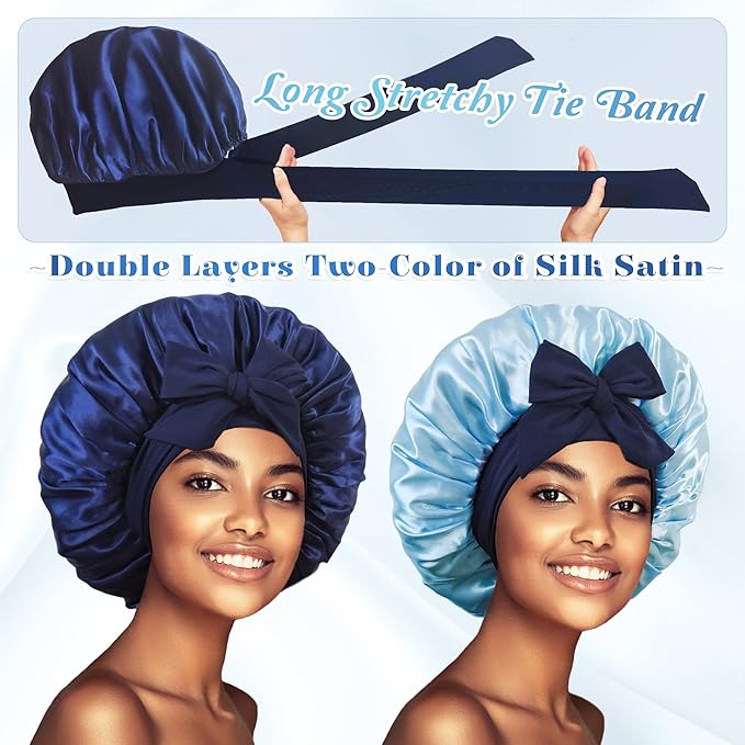 vidsel Bonnet with Tie Band, Hair Care Satin Silk Bonnet for Sleeping Women, Silky Sleep Bonnets for Women, Reversible Double Layer Sleep Cap for Curly Hair Braids