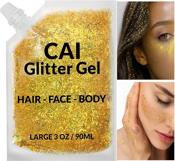 Face, Body & Hair Glitter Gel – Halloween Glitter for Kids and Women – 3 Oz Cosmetic-Grade Gel w/Moon & Stars for Festivals & Halloween Party, Easy Apply & Wash Off - Gold 1Pack