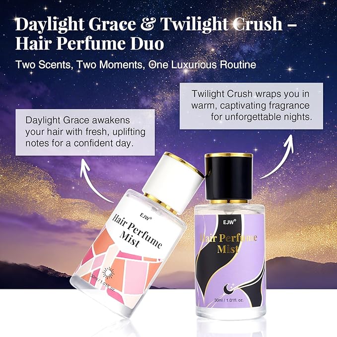 EJW Hair Perfume Set for Women – Day & Night Duo Hair Mist – Long Lasting, Clean & Nourishing Hair Perfume Spray – Alcohol-Free, Odor-Eliminating Fragrance Set – 2 x 3.4 fl oz