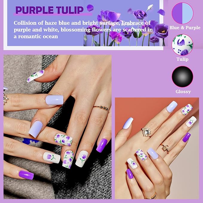 GLAMERMAID Dark Purple Press on Nails Medium Square, Floral Blossom Deep Purple Gel False Nals, Tulip Glue on Nails Kit for Women, Natural Lavender Reusable Stick on Acrylic Fake Nails Manicure Set