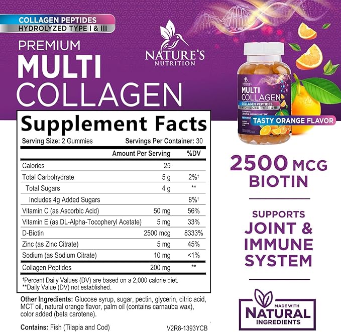 Collagen Gummies with 2500 mcg Biotin - Hydrolyzed Peptides Protein Type I & III Multi Collagen Supplement with Vitamin C & Zinc - Support for Hair, Skin, Nails, Tasty Orange Flavor - 60 Gummies