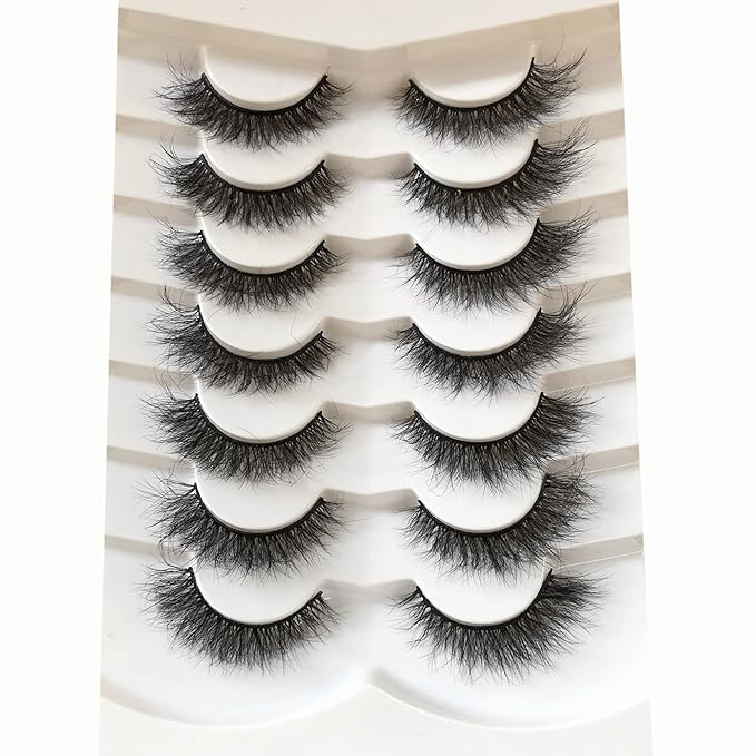 Pooplunch False Eyelashes Cat Eye Wispy Fairy Lashes Natural Volume Short Faux Mink Fake Eye Lash Strips 7 Pairs Pack