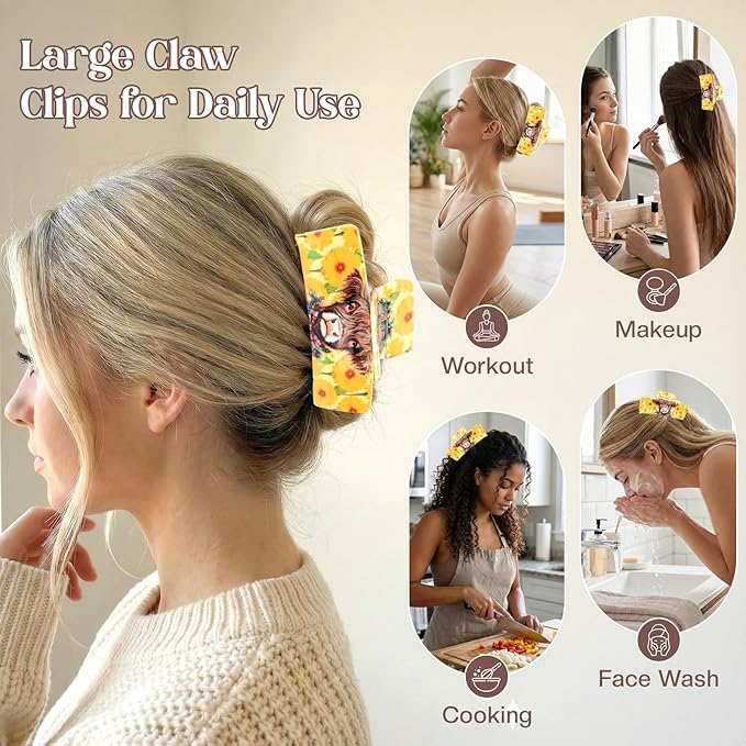 Medium Hair Claw Clip with Floral Cow Design, Plastic Non-Slip Strong Hold Jaw Clip for Thick & Thin Hair, Highland Cow Animal Hair Accessories for Women Daily Wear, Party, Travel