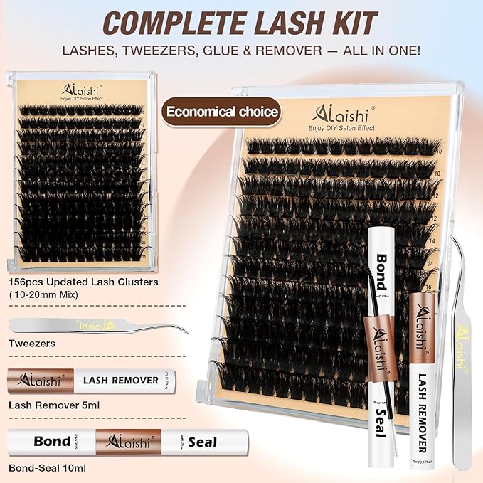 AILAISHI Lash Clusters Kit, DIY Cluster Eyelash Extensions 10‑20mm, 150D, 156pcs Fluffy D Curl Natural Lashes with Bond & Seal,Remover,Tweezers – Fake Cat Eye Individual Clusters