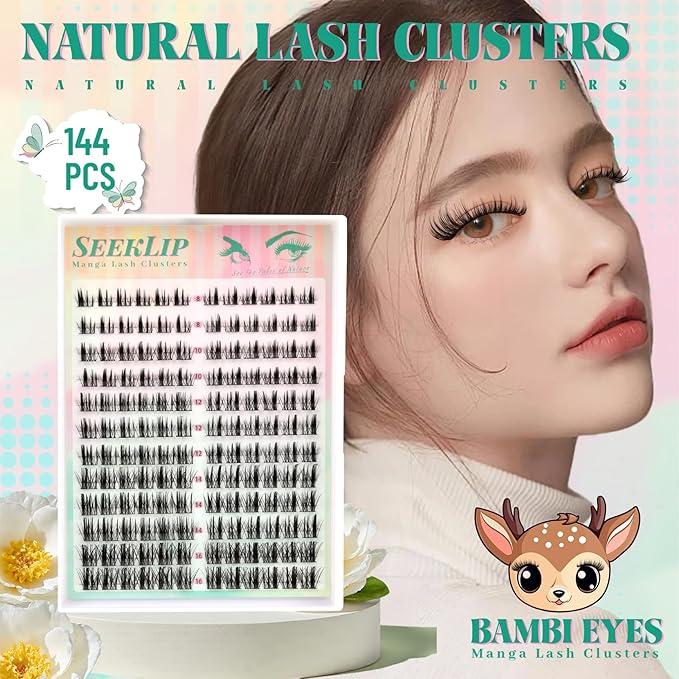 Lash Clusters Manga Eyelash Clusters C Curl Left & Right Spiky Deer Natural Lashes Cluster Cat Eye Cluster 144PCS 8-16MM Mixed DIY Doe Eyed Eyelash Extensions at Home (Heartbeat)