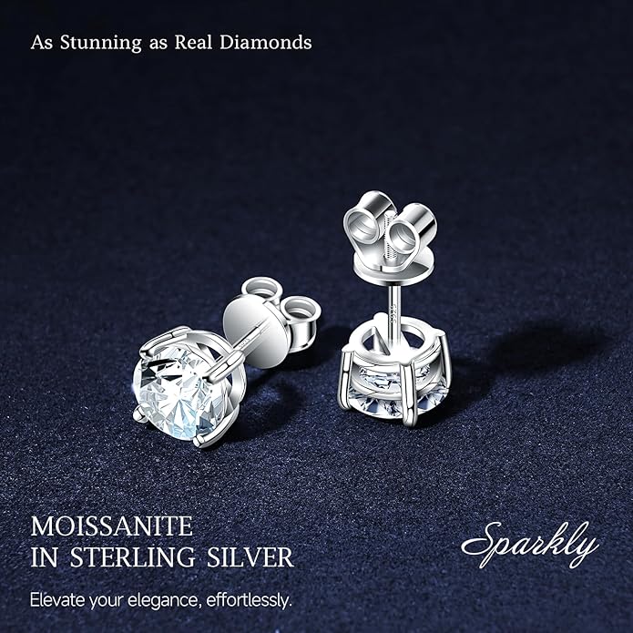 Velelia Moissanite Earrings for Men Women, 0.2ct-3.0ct Men 925 Sterling Silver Earrings, Round Cut Diamond Stud Earrings for Women