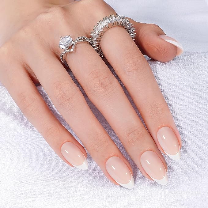 Canvalite French Tip Press On Nails, 30Pcs Short Almond Press on Nails Reusable Acrylic Fake Nails with Glue & Glue Remover Easy to Use Manicure Kit for Women, White