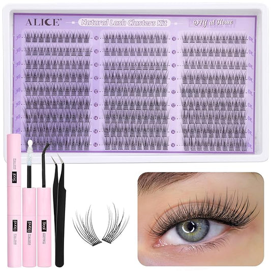 ALICE Natural Lash Clusters Kit Wispy Lash Extension Kit Thin Band Cluster Eyelash Extension Kit 270pcs C-Curly 10-14mm Individual Lashes with Lash Glue Bond and Seal Self Application at Home