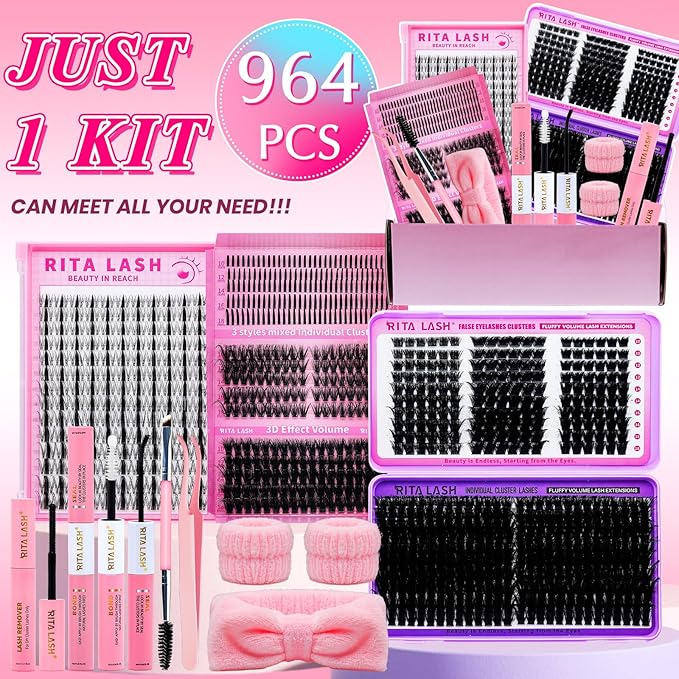 Lash Clusters Kit Eyelash Clusters Kit Cat Eye Lashes Large Pack Cluster Eyelash Extensions Lash Extension Kit Pestañas Postizas Naturales with Lash Bond&Seal,Remover,Tweezers,Cleanser(Lash Kit-5)