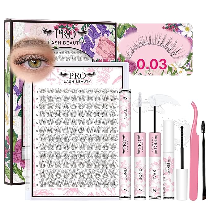 PROLASHBEAUTY Natural Lash Clusters Kit Wispy Lash Clusters Venus Ultra Thin Invisible Band Eyelash Clusters Kit Used 10 times with Clear Lash Bond and Seal Tweezer Remover (Venus Kit, 8-16mix)