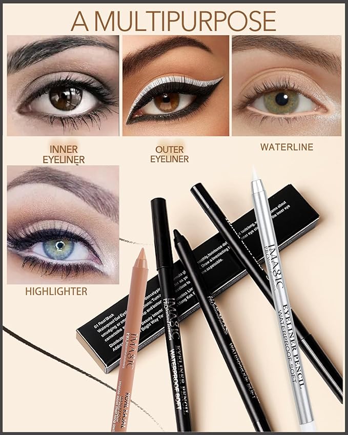 Nude Beige & Black Water Line Gel Eyeliner Pencil-3Pcs Longlasting Waterproof Smudge-Proof Cream Eye Liner Waterline Pen,Smooth Easy-to-Sharpen Pencil,Thanksgiving Eye Makeup Gift Set for Girl