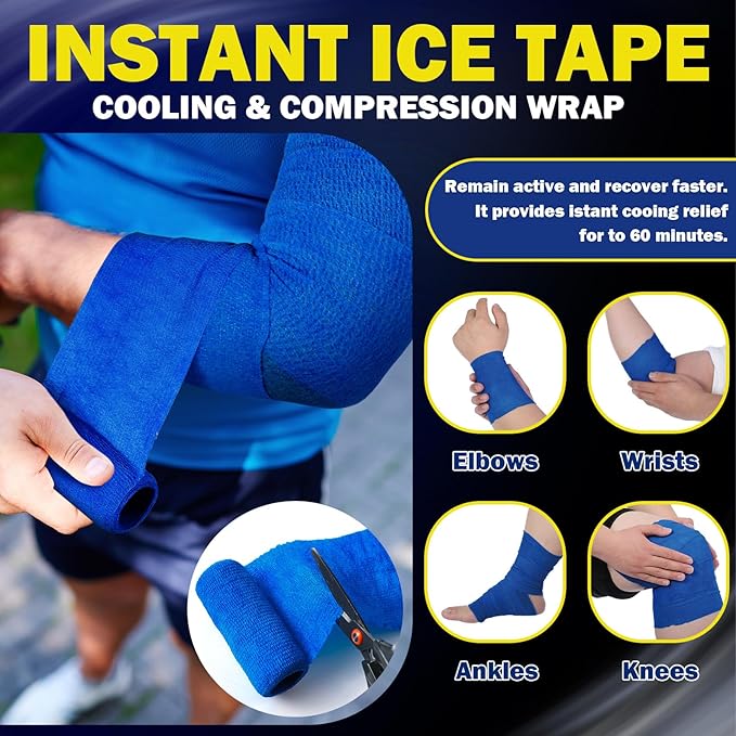 Geiserailie 2 Pcs Instant Cooling Ice Tape Self Sticking Compression Wrap Reusable Sport Ice Tapes No Refrigeration Needed Athletic Muscle Bandage for Pain Relief and Swelling(Blue,3 Inches)
