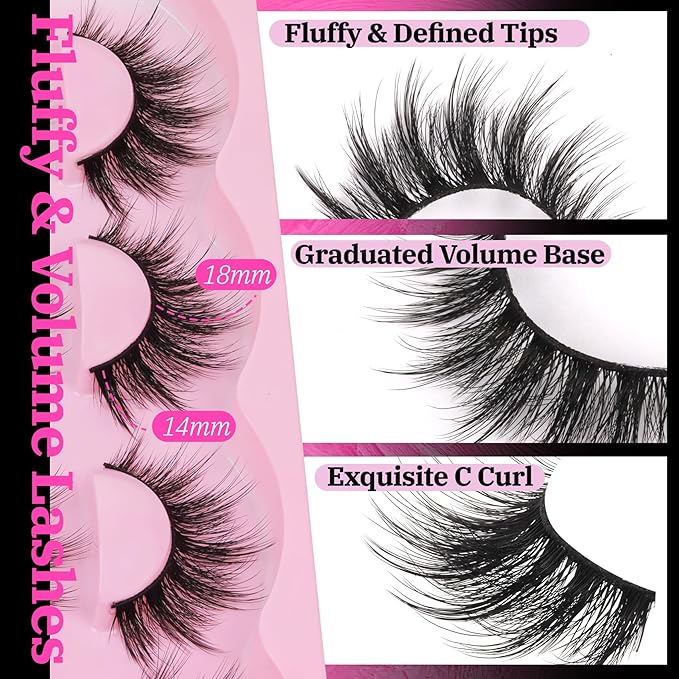 Veleasha Lashes Fluffy Eyelashes Wispy Fake Lashes 18mm Long Lashes C Curl Fake Eyelashes Soft False Lashes Lightweight False Eyelashes Dramatic Lash Strips 10 Pairs Pack (Firework)