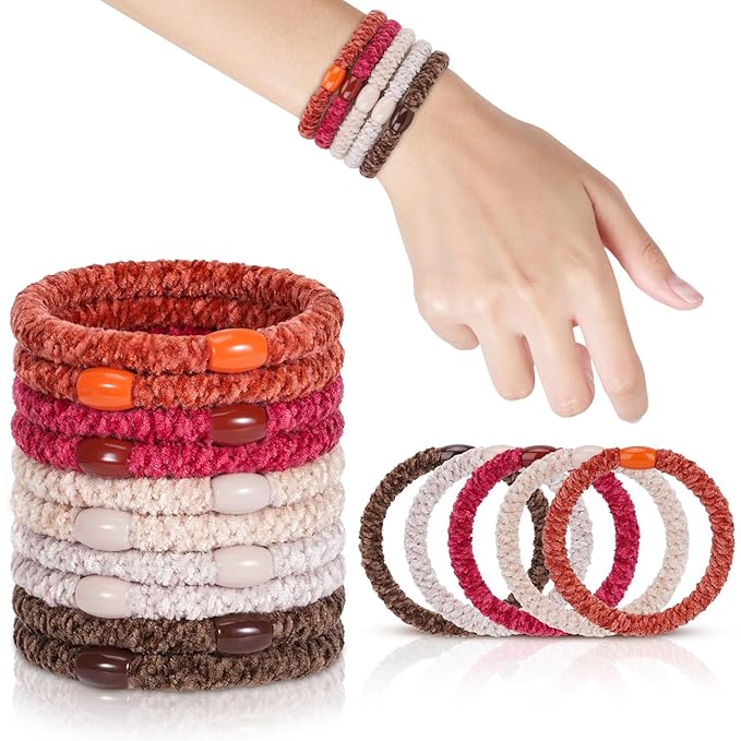 Braided Hair Ties No Damage, 10 Pcs Soft Plush Hair Bands for Women's Hair, Bracelet Hair Elastics & Ponytail Holders for Thick Hair - Ember Glow