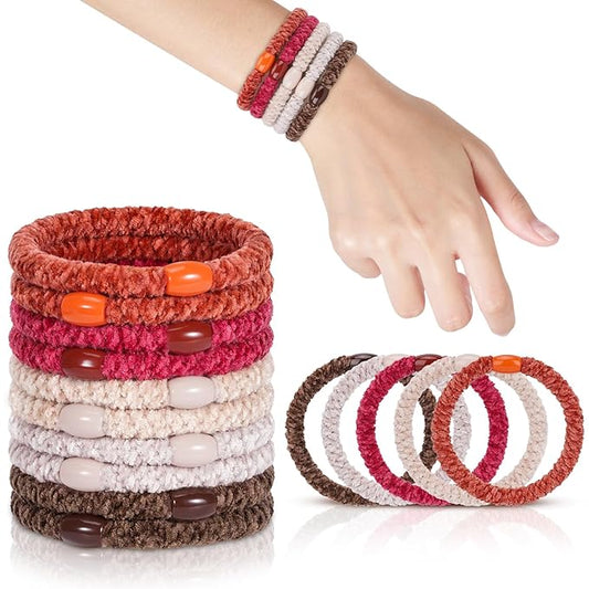 Braided Hair Ties No Damage, 10 Pcs Soft Plush Hair Bands for Women's Hair, Bracelet Hair Elastics & Ponytail Holders for Thick Hair - Ember Glow