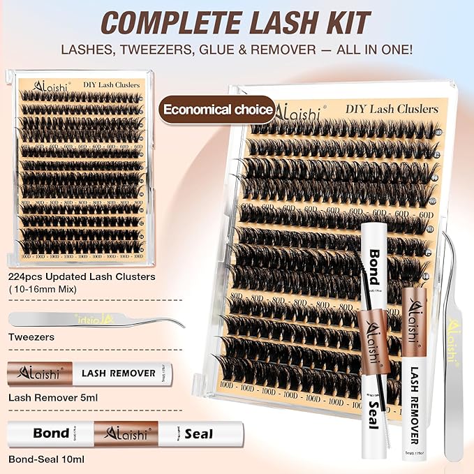 AILAISHI Lash Clusters Kit, DIY Cluster Eyelash Extensions 9‑16mm, 60D+80D+100D, 224pcs Fluffy D Curl Natural Lashes with Bond & Seal,Remover,Tweezers,Brush–Fake Cat Eye Individual Clusters