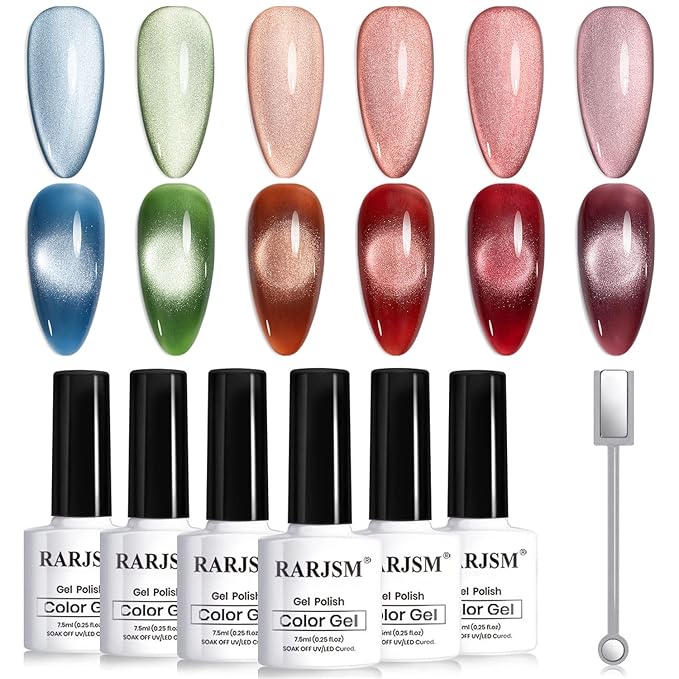 RARJSM Ceramic Cat Eye Gel Nail Polish Set 6 Pcs Smoothie Silver Glitter Shimmer Amber Jelly Sheer Green Blue Orange Wine Red Velvet Cateye Gel Polish with Magnetic Stick UV LED Curing Require Winter