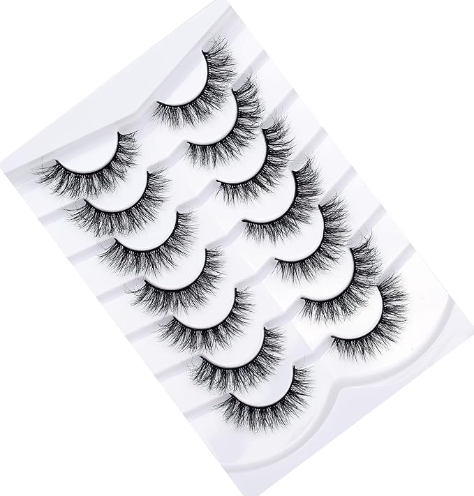 Pooplunch Natural False Eyelashes Cat Eye Look Wispy Clusters 8D Volume Fake Eyelashes Faux Mink Lashs Strips 7 Pairs Pack