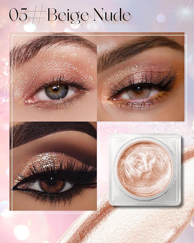 Glitter Cream Eyeshadow Palette, Beige Nude Shimmer Long-Lasting Eye Shadow Pot, Single Holographic Iridescent Eyeshadow Palette Eye Brightener, Smooth Texture Blendable Highlighter Women Makeup -05