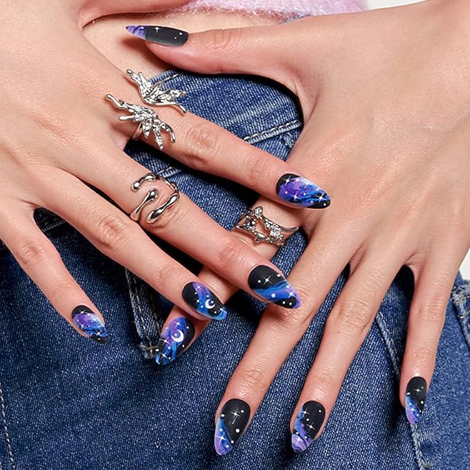 GLAMERMAID Black Press on Nails Medium Almond, Dull Blue Ombre Crush Nails, Galaxy Star Design Stiletto Fake Nails, Short Oval Stick Glue on Nails Tips for Women, Reusable Acrylic False Nail Kits