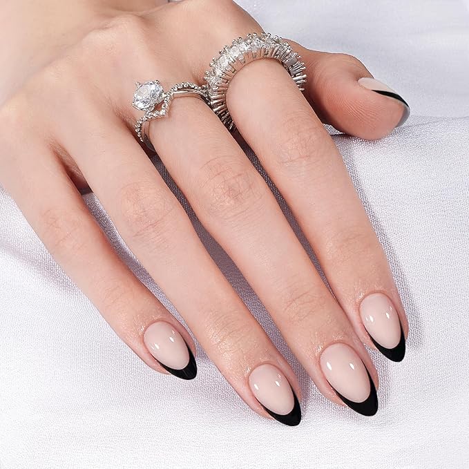 Canvalite Black French Tip Press On Nails, 30Pcs Short Press on Nails Almond Reusable Acrylic Fake Nails with Glue & Glue Remover Easy to Use Manicure Kit for Women