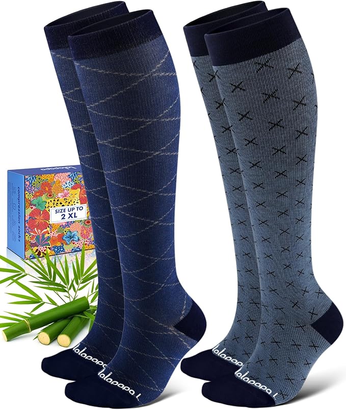 Lalapapa Bamboo Viscose Compression Socks for Women Men 2 Pairs 15-20mmHg Knee High Compression Socks Travel Nurse