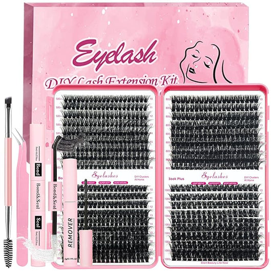 Qiveaory DIY Lash Extension Kit 684pcs Lashes Clusters Thick D Curl Eyelash Extension Kit with Lash Bond and Seal,Eyelash Remover Tweezers Brush(10-18mm,50D+60D+80D+100D) DIY at Home