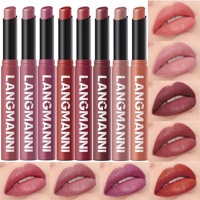 Jolilab 8Pcs Velvet Matte Lipstick Nude Matte Soft Dark Color Stick High Pigmented Long-Lasting Waterproof Lip Stick Lip Balm Beauty Cosmetics Gift for Women（7-12+1+5