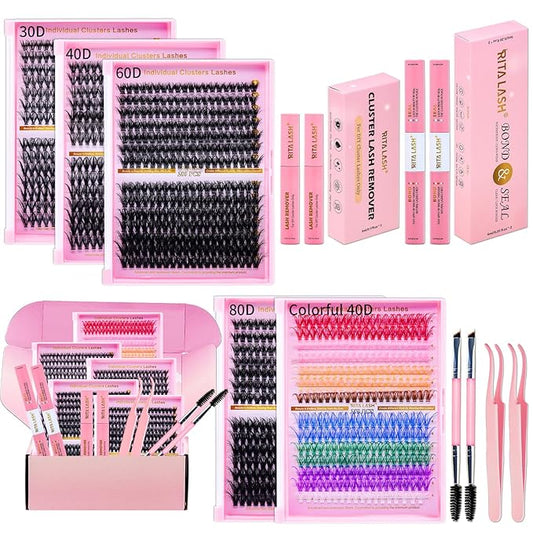 Lash Clusters Kit Eyelash Clusters Kit 4 Boxes + 1 Colorful Cluster Eyelash Extensions Pestañas Postizas Naturales with Lash Bond and Seal*2,Remover*2,Tweezers*2,Mascara Brush*2(13 Counts Lash Kit)