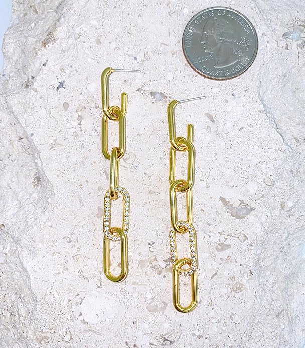 OZEL 14K Gold & Silver Plated Paperclip Chain Earrings with Cubic Zirconia – Dangle, Hoop, Huggie, Stud Styles – Women’s Fashion Jewelry Gift