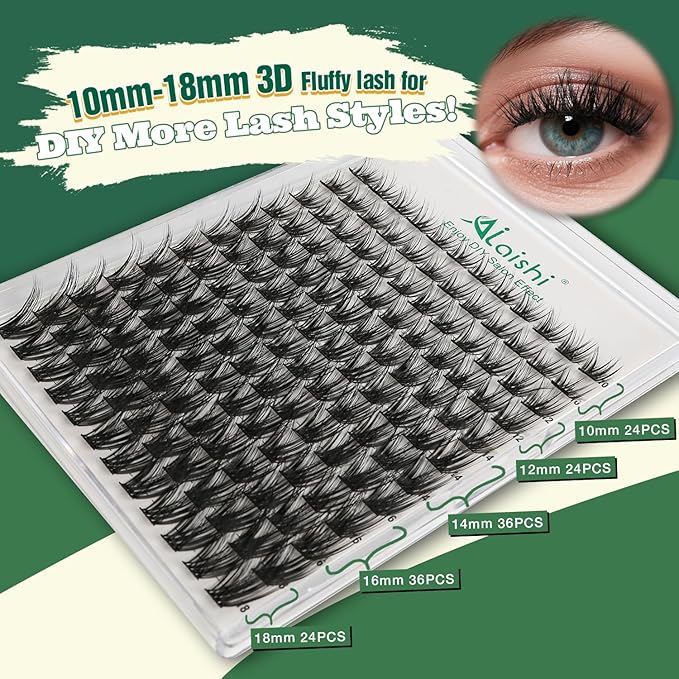AILAISHI Lash Clusters Kit, DIY 3D Cluster Eyelash Extensions 10‑18mm,144pcs Fluffy D Curl Soft Natural Lashes with Bond and Seal,Remover,Tweezers–Fake Cat Eye Wispy Individual Clusters MIX1-3-L
