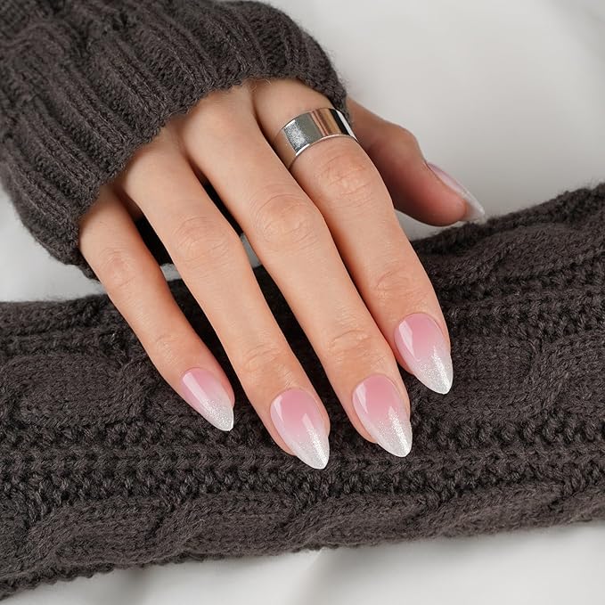 Canvalite Short Press On Nails, Almond Press on Nails Short Pink White Ombre Glossy Reusable Acrylic Fake Nails with Glue & Glue Remover Easy to Use 30Pcs Manicure Kit for Women