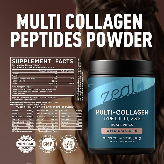 Premium Multi Collagen Peptides Powder (1, 2, 3, 5 & 10) with Protein. Vitamin C, Biotin, Hyaluronic Acid, for Hair Skin and Nails - Marine, Bovine, Chicken & Eggshell (Chocolate, 45 Servings)