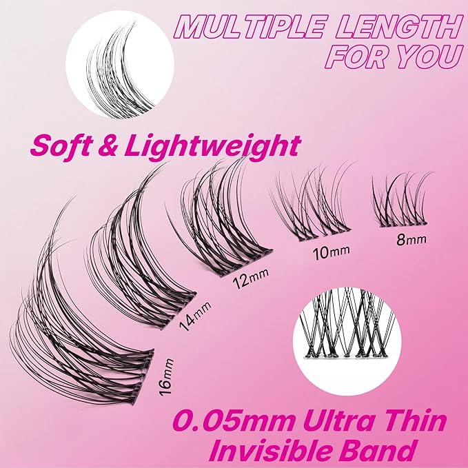VEYESBEAUTY Lash Clusters Individual Eyelash Extensions Thin & Invisible Band DIY False Eyelashes for Self-application Newbie's Five-Second Series Wispy Lash Tray, Aliva 8-16mm Mixed Length