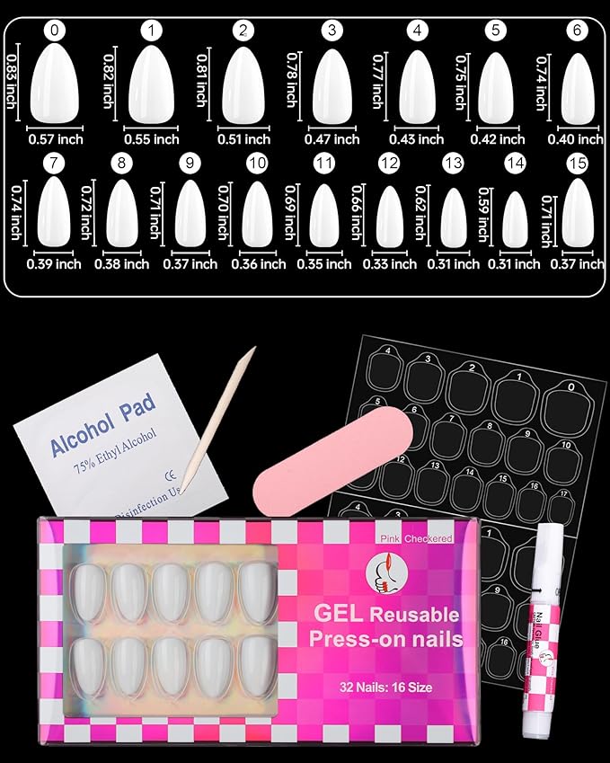 OIFEN White Press on Almond Nails Short 16 Sizes Glossy Gel Fake Nails with Glue & Stick