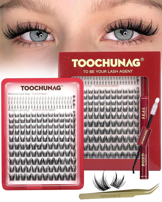 TOOCHUNAG Wispy Lash Clusters Kit 8-18mm DIY Lash Extension Kit Clear Band Eyelashes Clusters with Bottom Lashes Individual Manga Cluster Eyelash Extensions Kit with Lash Bond and Seal,Tweezers