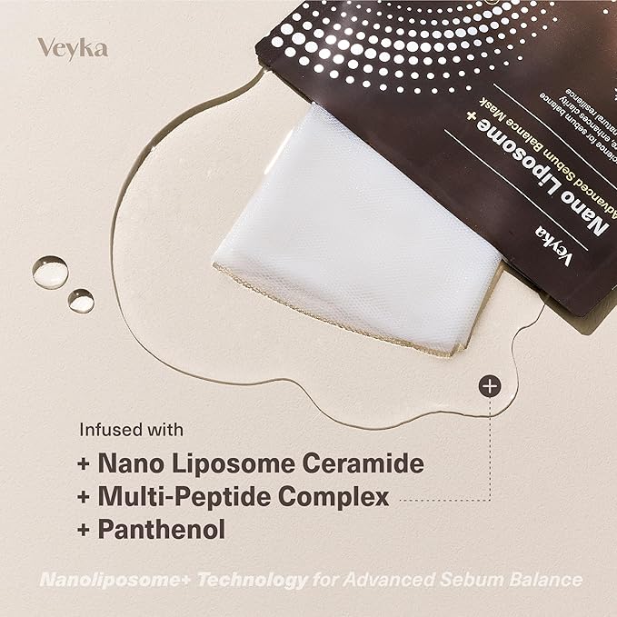 Veyka Nano Liposome + Advanced Sebum Balance Mask - Soothing & Pore Refining Facial Mask with Ceramide, Cica, Multi-Peptide Complex & Panthenol - At-Home Spa Korean Skin Care (5 Sheets, 0.67 Fl Oz)