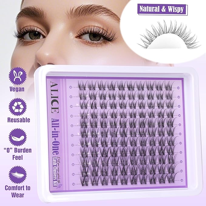 ALICE Natural Lash Extensions Kit Invisible Band Lash Clusters Kit Wispy10-14mm Eyelash Extensions C-Curly Individual Cluster Lashes Kit with Lash Remover DIY at Home