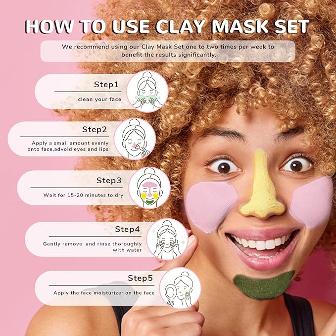 ANAI RUI 3 Pack Clay Mask Set Turmeric Vitamin C Clay Mask -Rose Facial Mask -Avocado Green Tea Mud Mask Smoothing, Hydration & Glow,Spa Gift Set, Valentines Day Gifts for Women/her 2.5 oz Each