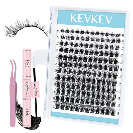 KevKev Lash Clusters Kit 144pcs Eyelash Clusters Cloudy Natural Wispy Lash Clusters Eyelash Extension Kit ith Lash Bond and Seal Remover Beginner Friendly (Cloudy, D-8-18mix)